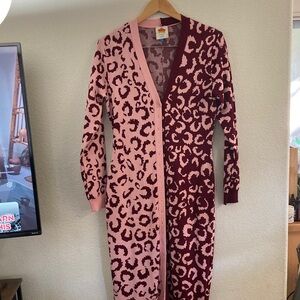 FARM Rio Pink Burgundy mixed leopard Knit Cardigan midi dress fall urban L